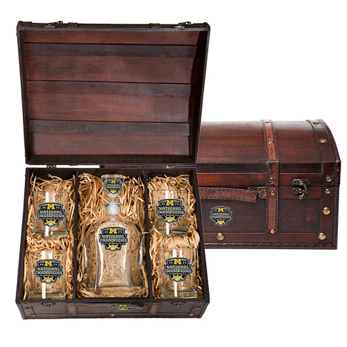 Michigan Wolverines 2023 National Champions Decanter Chest Set With 4 Glasses